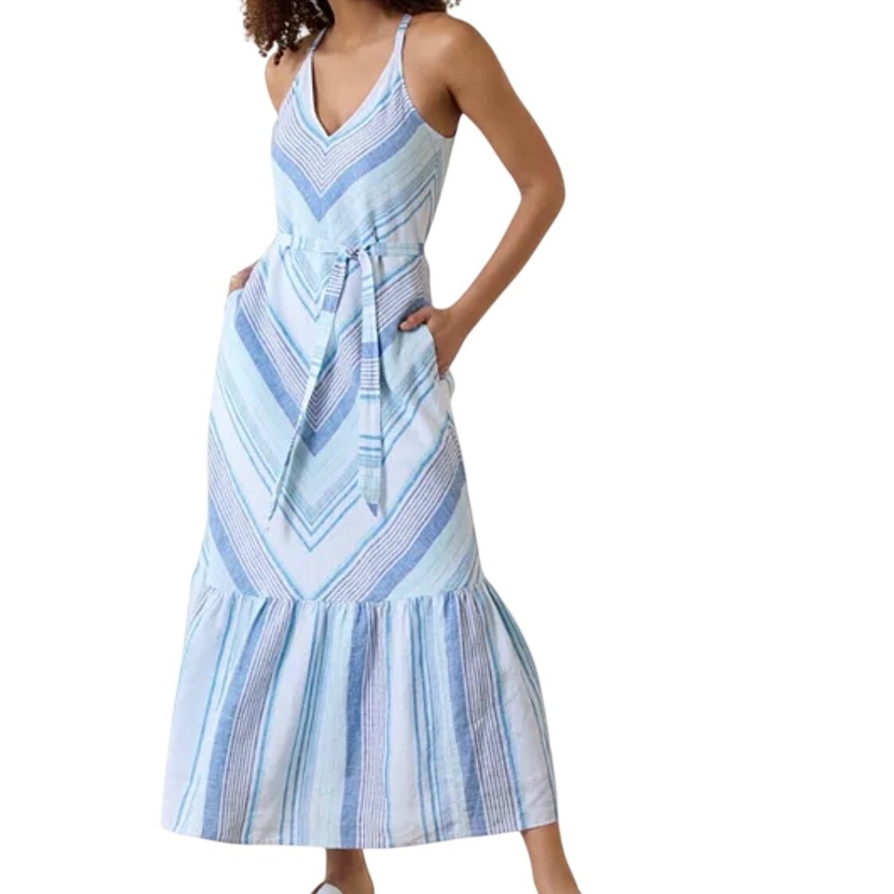 Tommy Bahama Ocean Reverie Maxi Sundress L Linen Blue White Stripe Pockets NWT